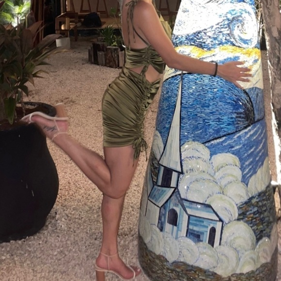 ✨ Olive Green Satin Ruched Drape Neck Side Drawstring Two Piece Cami Top & Skirt - Picture 3 of 4